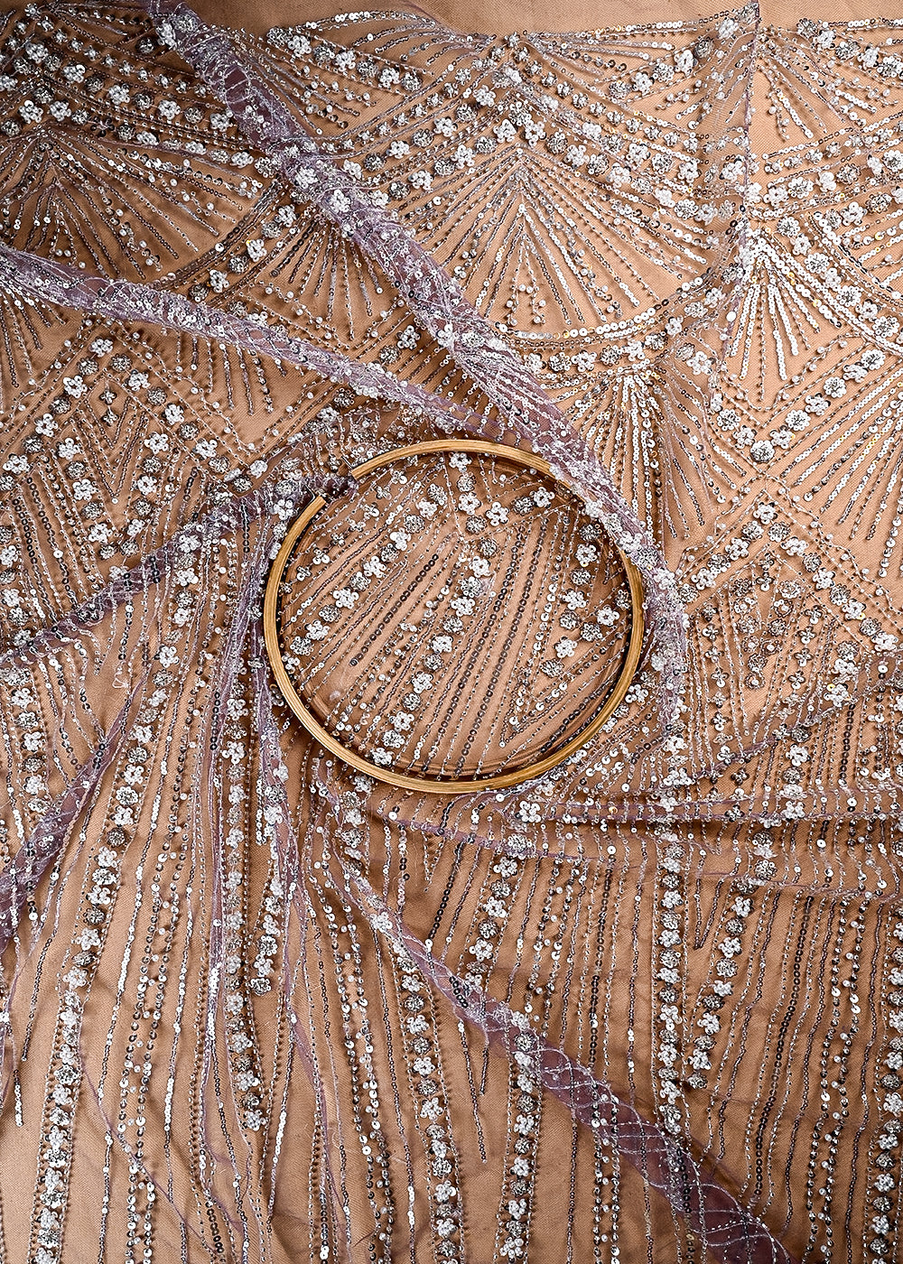(Pre Cut 1.55 MTR) Lavender Net Fabric With All Over Sequins, Katdana And Bead Work 26509