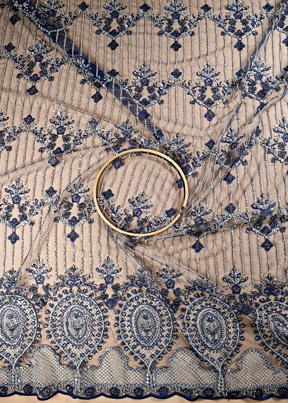 (Pre Cut 1.75 MTR) Navy Blue Net Fabric With All Over Sequins And Katdana Work 26511