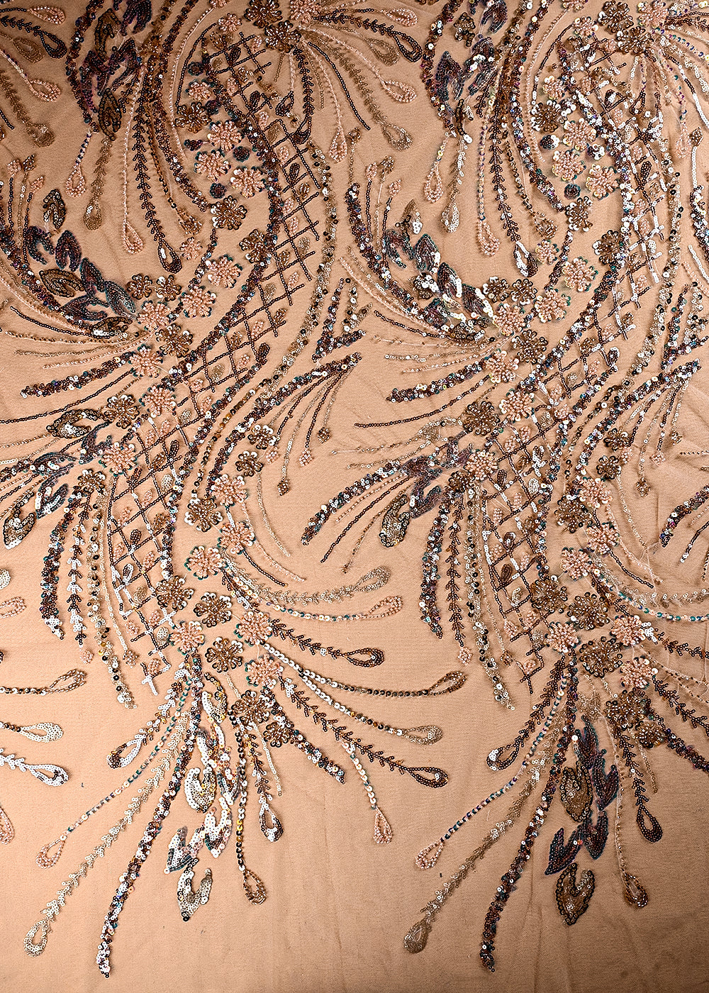 (Pre Cut 2.3 MTR) Peach Net Fabric With All Over Sequins And Katdana Work 26512