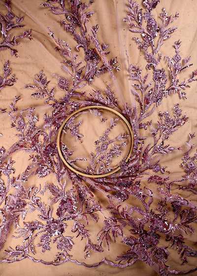 (Pre Cut 1 MTR) Pink Net Fabric With All Over Sequins And Katdana Work 26515