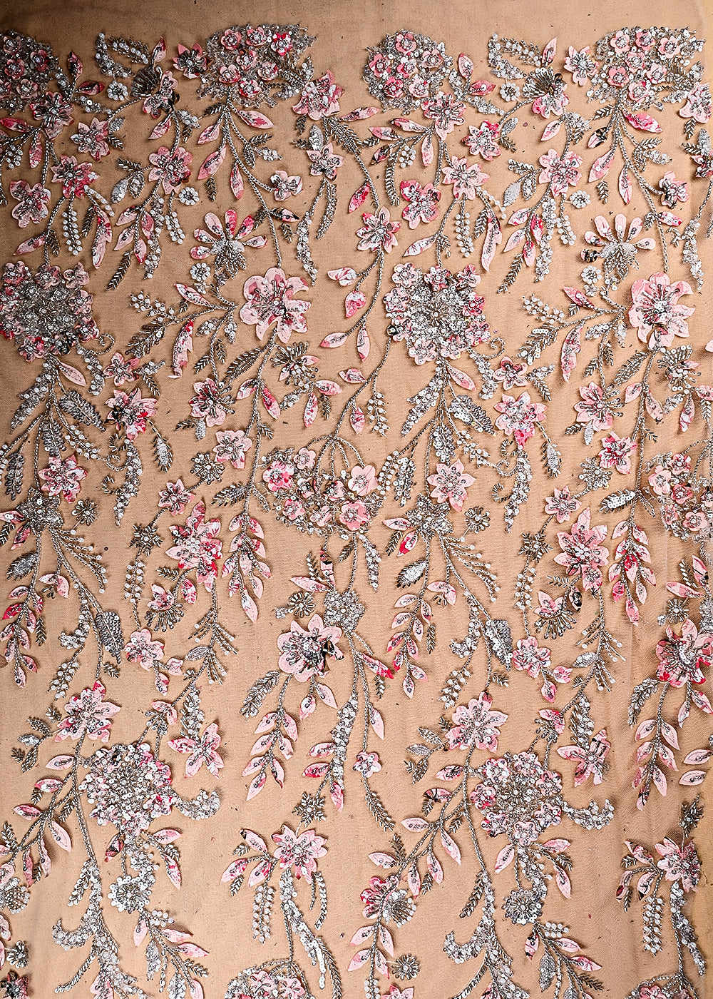 (Pre Cut 0.6 MTR) Baby Pink Net Fabric With All Over Sequins, Katdana, Bead Patch Work 26516