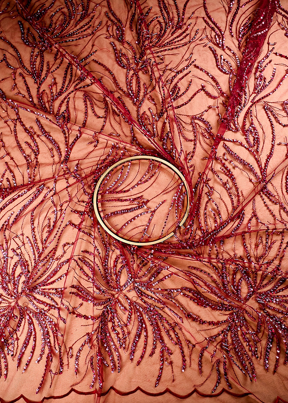 (Pre Cut 1.9 MTR) Maroon Net Fabric With All Over Sequins, Katdana And Bead Work 26517