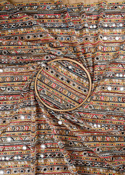 (Pre Cut 0.9 MTR) Golden Net Fabric With All Over Sequins, Katdana, Bead Faux Mirror Work 26518