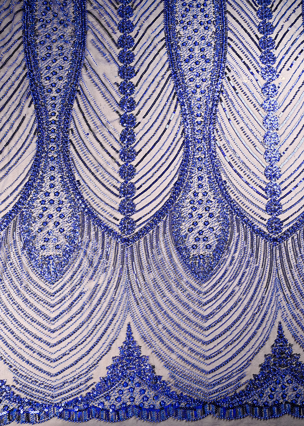 (Pre Cut 1.75 MTR) Royal Blue Net Fabric With All Over Sequins And Katdana Work 26519