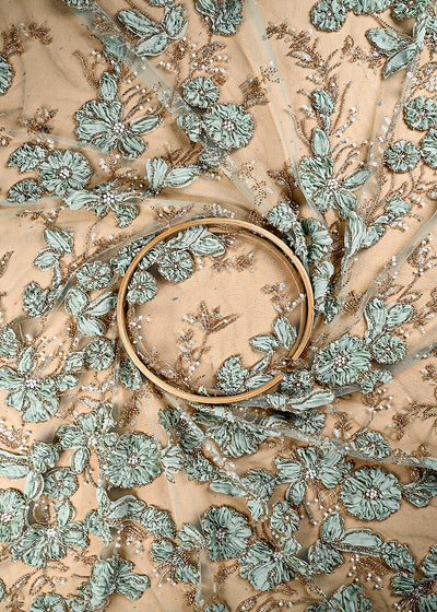 (Pre Cut 0.9 MTR) Pista Green Net Fabric With All Over Katdana, Bead And Ribbon Work 26520