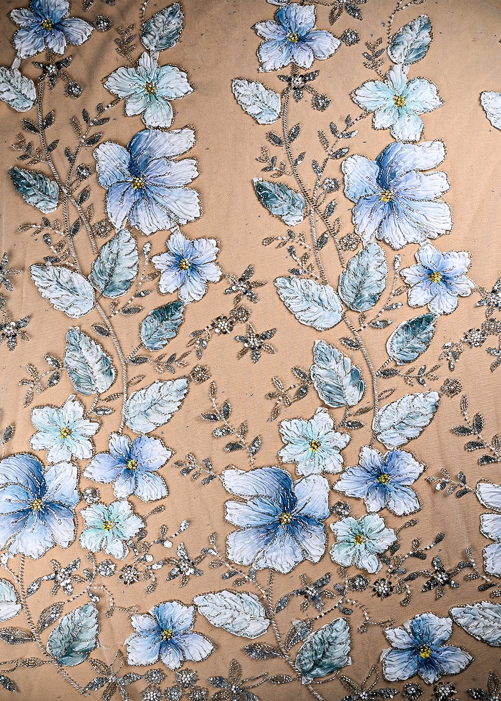 (Pre Cut 1 MTR) Sky Blue Net Fabric With All Over Sequins, Katdana, Bead And Ribbon Work 26521