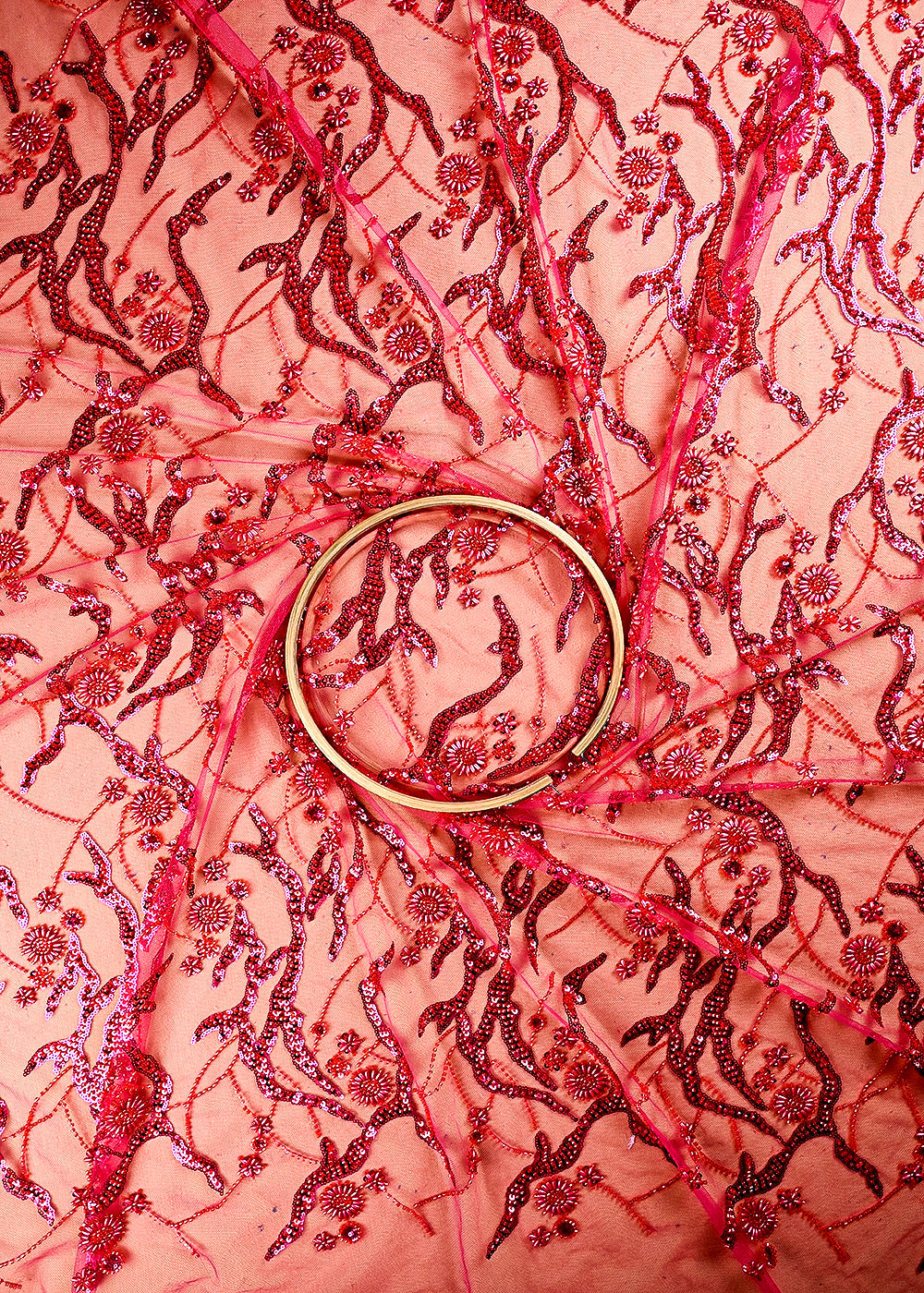 (Pre Cut 1.5 MTR) Rani Pink Net Fabric With All Over Sequins, Katdana And Bead Work 26523