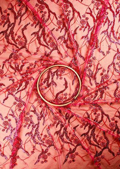 (Pre Cut 1.5 MTR) Rani Pink Net Fabric With All Over Sequins, Katdana And Bead Work 26523