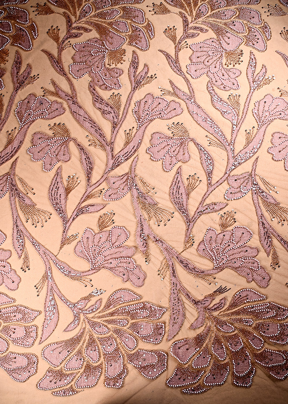 (Pre Cut 2.15 MTR) Pink Net Fabric With All Over Sequins, Katdana And Bead Work 26524