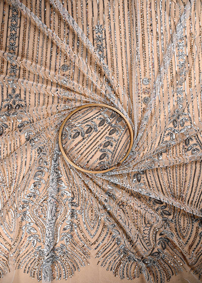 (Pre Cut 1.75 MTR) White Net Fabric With All Over Sequins And Katdana Work 26525