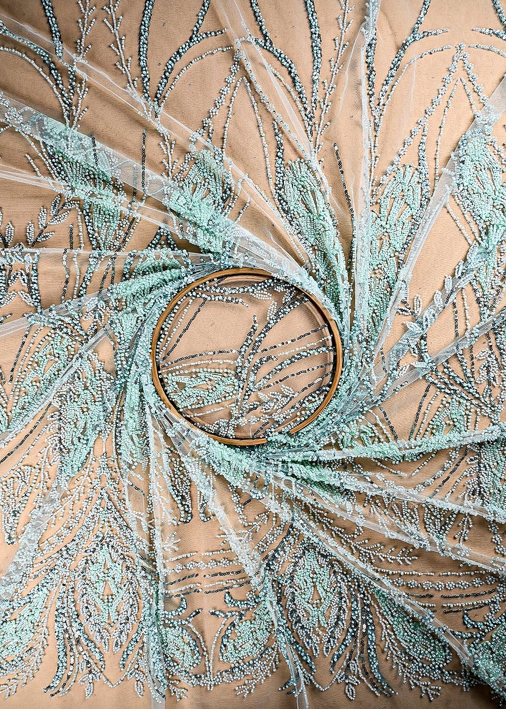 (Pre Cut 1.5 MTR) Sea Green Net Fabric With All Over Sequins And Katdana Work 26526