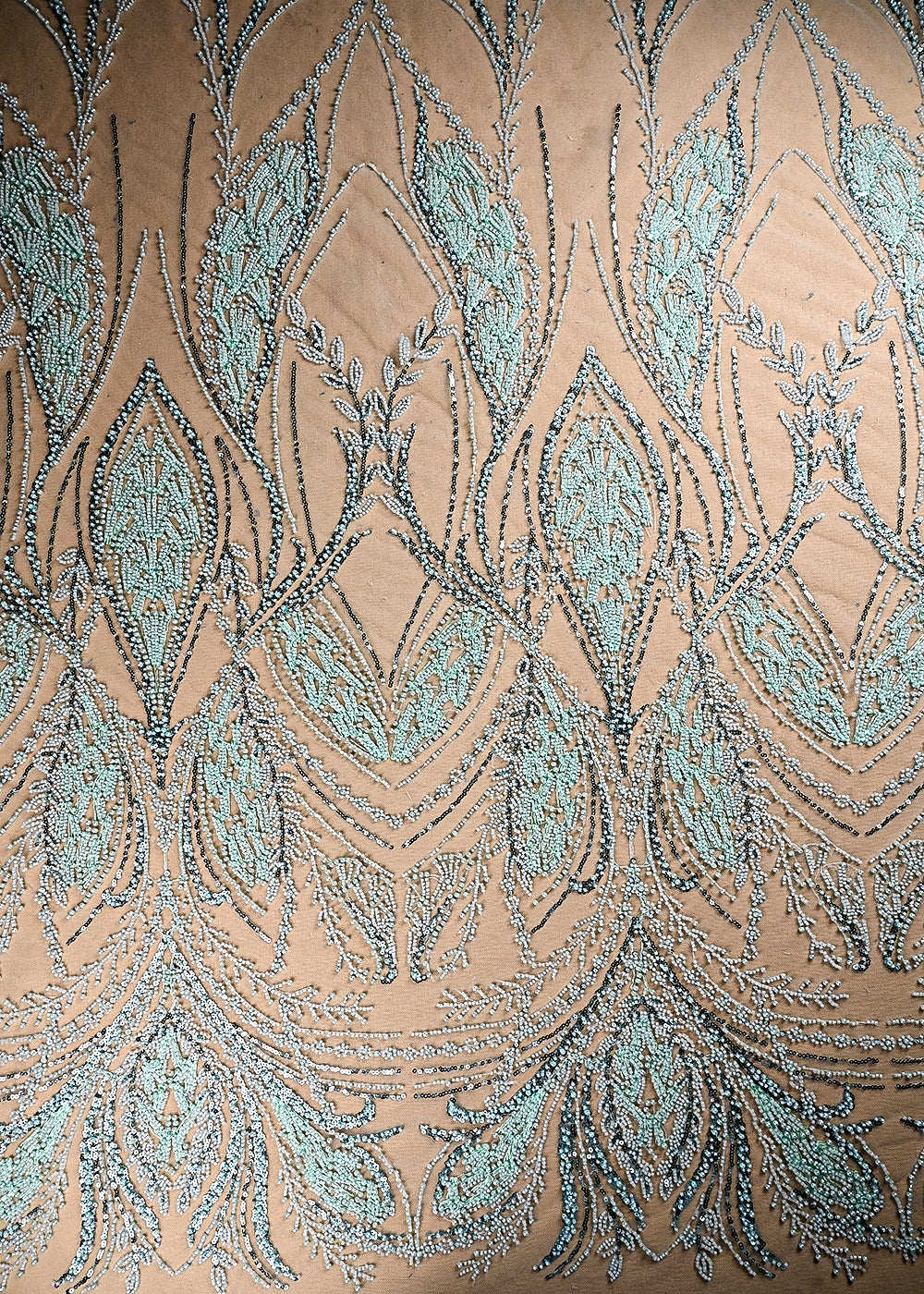 (Pre Cut 1.5 MTR) Sea Green Net Fabric With All Over Sequins And Katdana Work 26526