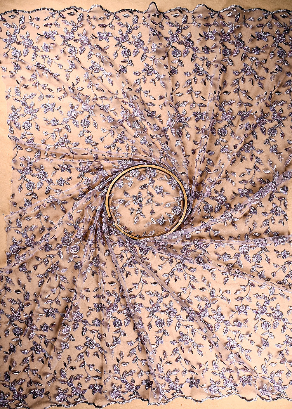 (Pre Cut 1 MTR) Lavender Net Fabric With All Over Sequins And Katdana Work 26528