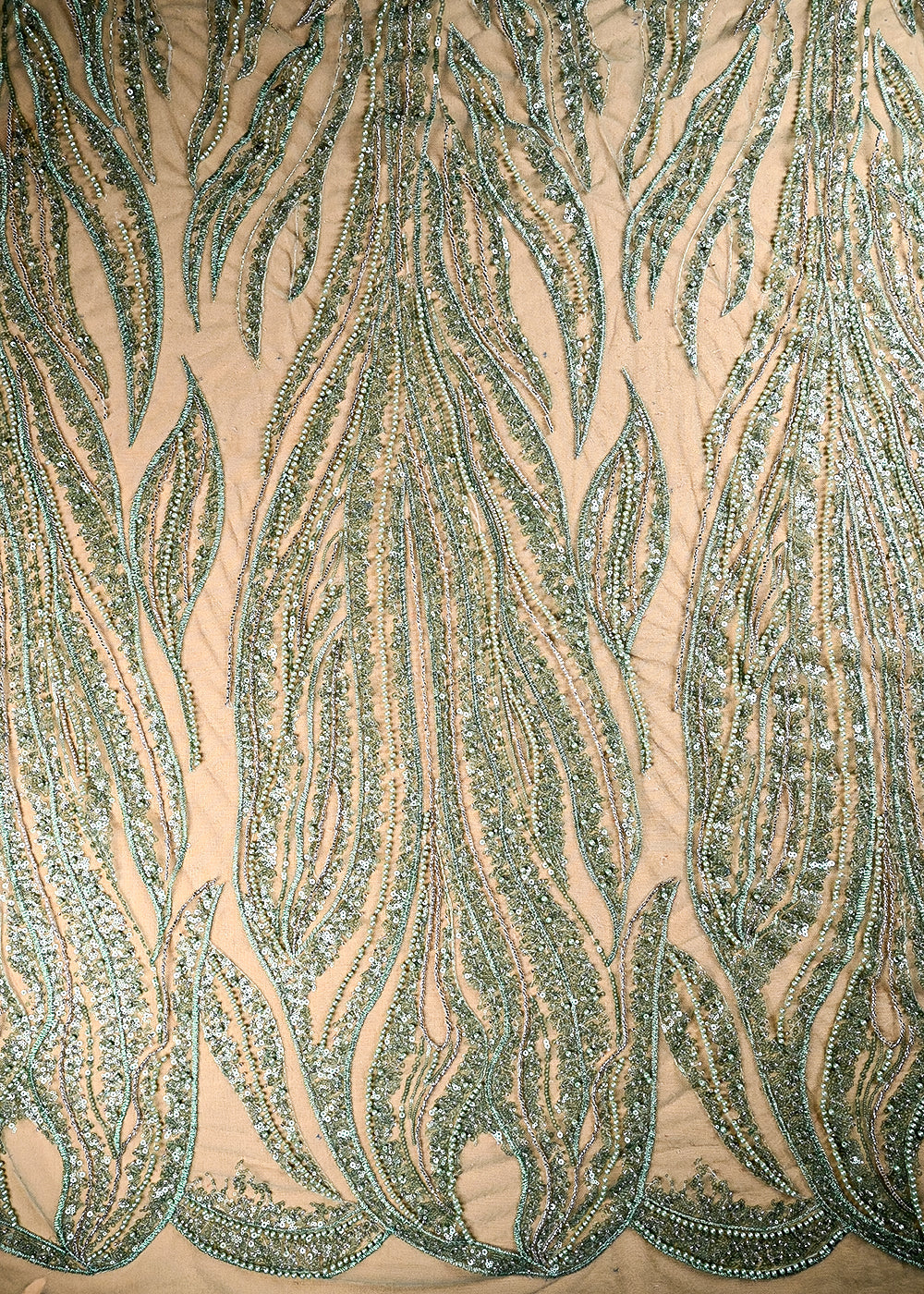 (Pre Cut 1.3 MTR) Sea Green Net Fabric With All Over Sequins, Katdana And Bead Work 26529