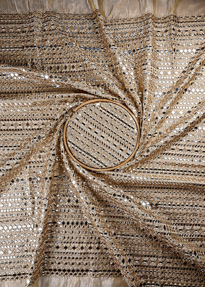 (Pre Cut 1 MTR) Golden Dyeable Tissue Fabric With All Over Zari And Faux Mirror Work 26530