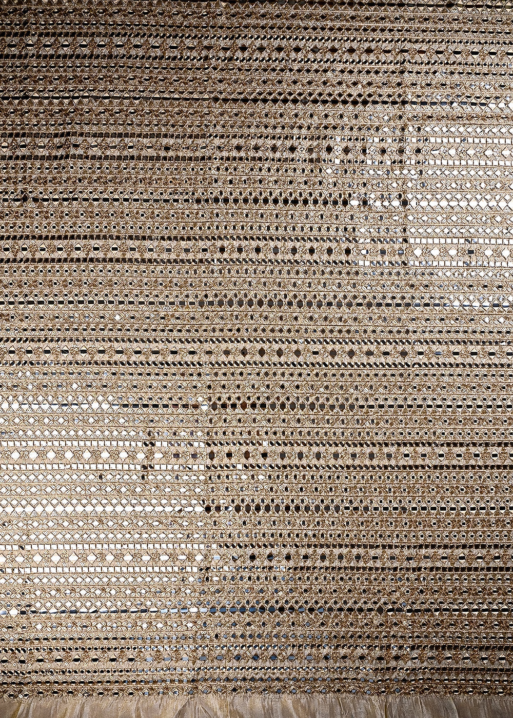 (Pre Cut 1 MTR) Golden Dyeable Tissue Fabric With All Over Zari And Faux Mirror Work 26530
