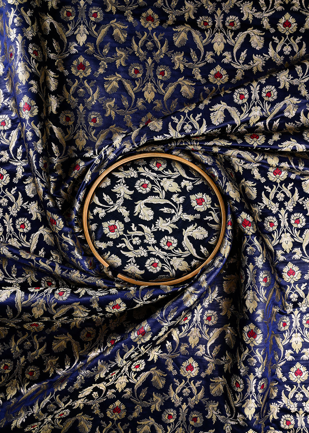 Navy Blue Banarasi Brocade Fabric With All Over Thread And Zari Handloom 27025
