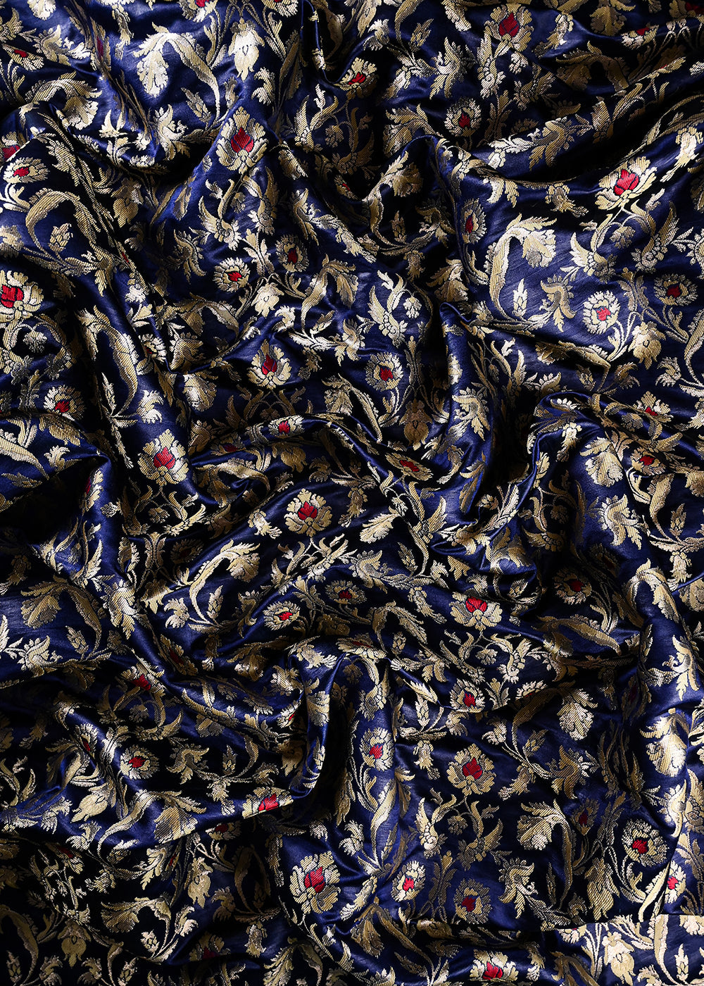 Navy Blue Banarasi Brocade Fabric With All Over Thread And Zari Handloom 27025