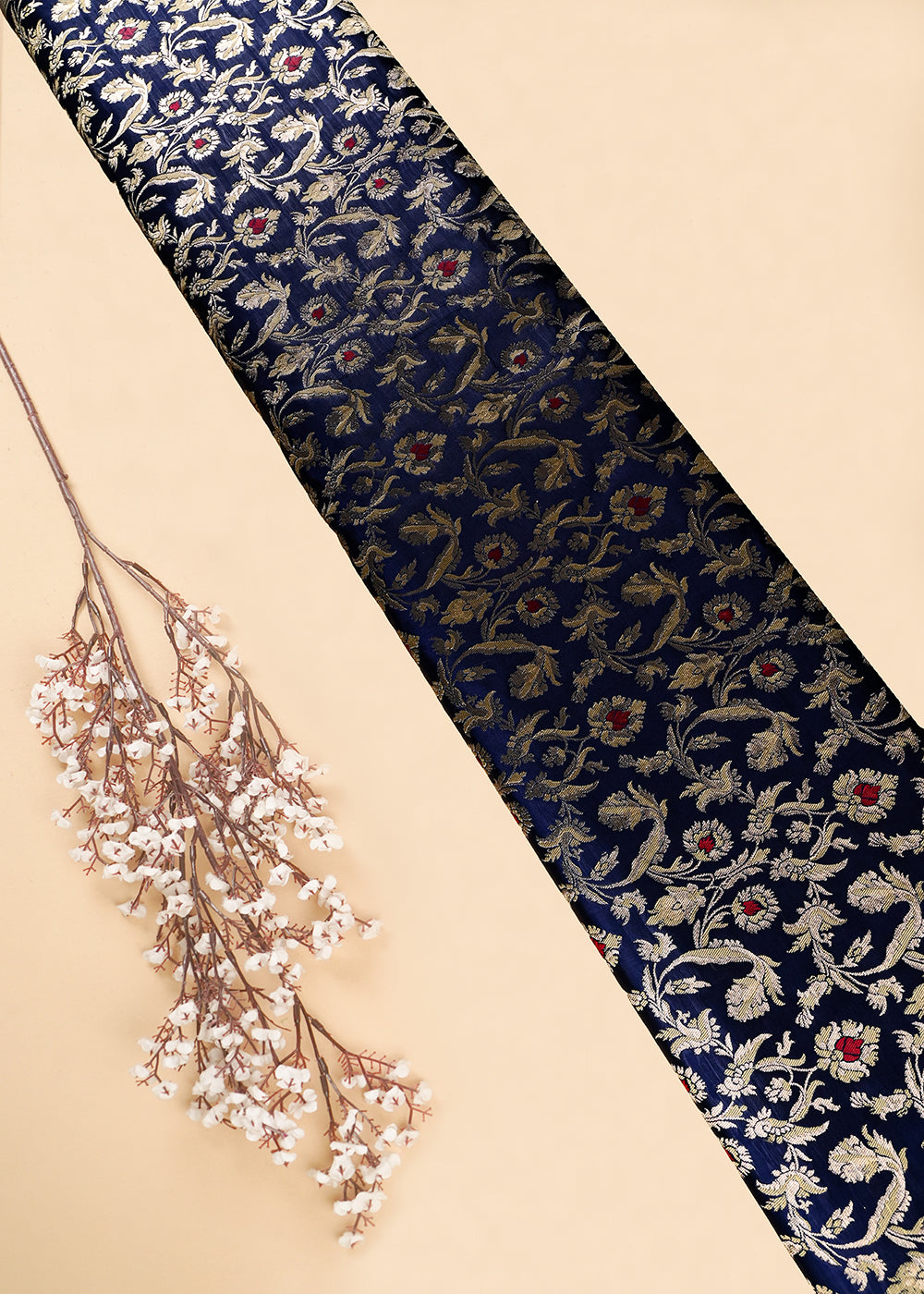 Navy Blue Banarasi Brocade Fabric With All Over Thread And Zari Handloom 27025