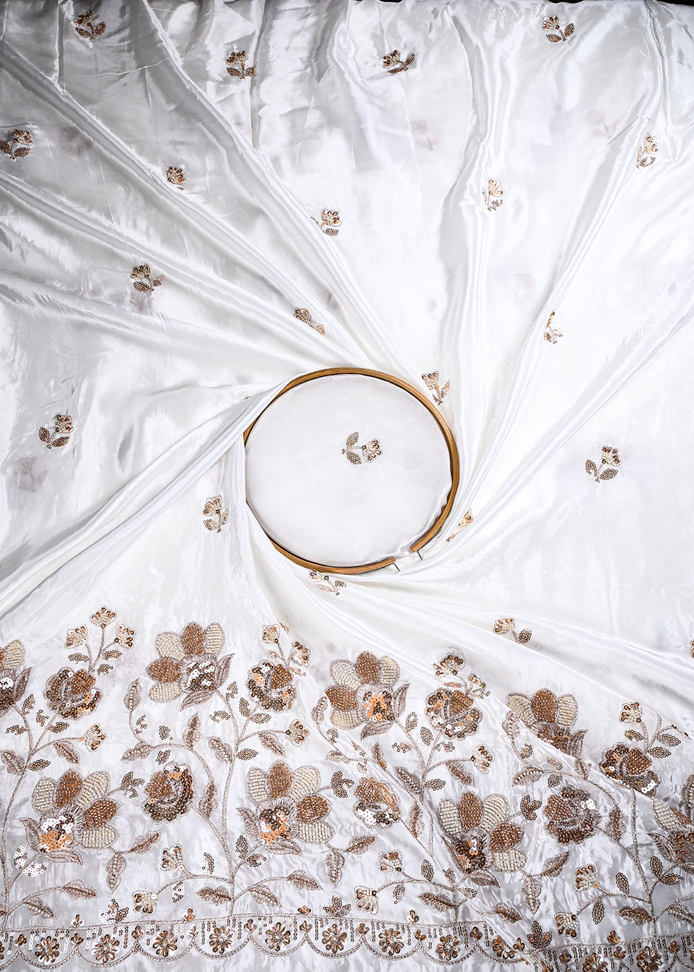 White Dyeable Crepe Fabric With All Over Zari, Sequins And Katdana Work With One Side Heavy Border 27031