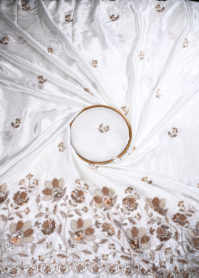 White Dyeable Crepe Fabric With All Over Zari, Sequins And Katdana Work With One Side Heavy Border 27031