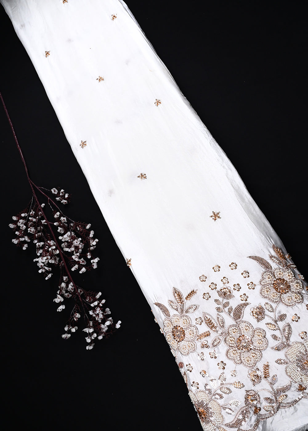 White Dyeable Crepe Fabric With All Over Zari, Sequins, Katdana And Bead Work With One Side Heavy Border 27033