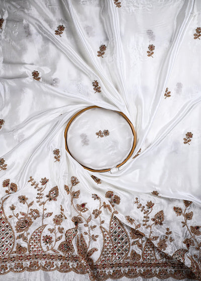 White Dyeable Crepe Fabric With All Over Zari, Sequins And Katdana Work With One Side Heavy Border 27034