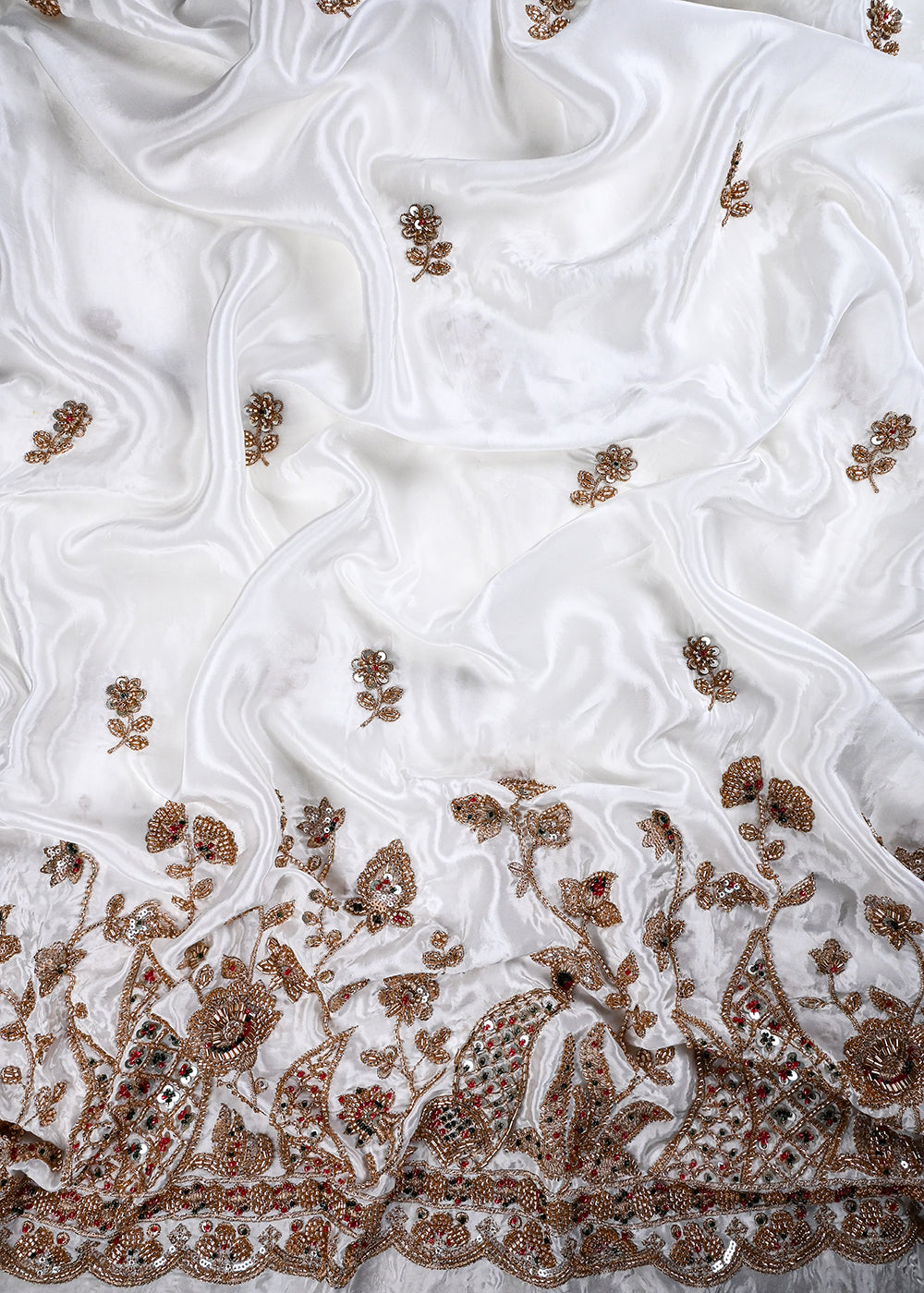 White Dyeable Crepe Fabric With All Over Zari, Sequins And Katdana Work With One Side Heavy Border 27034