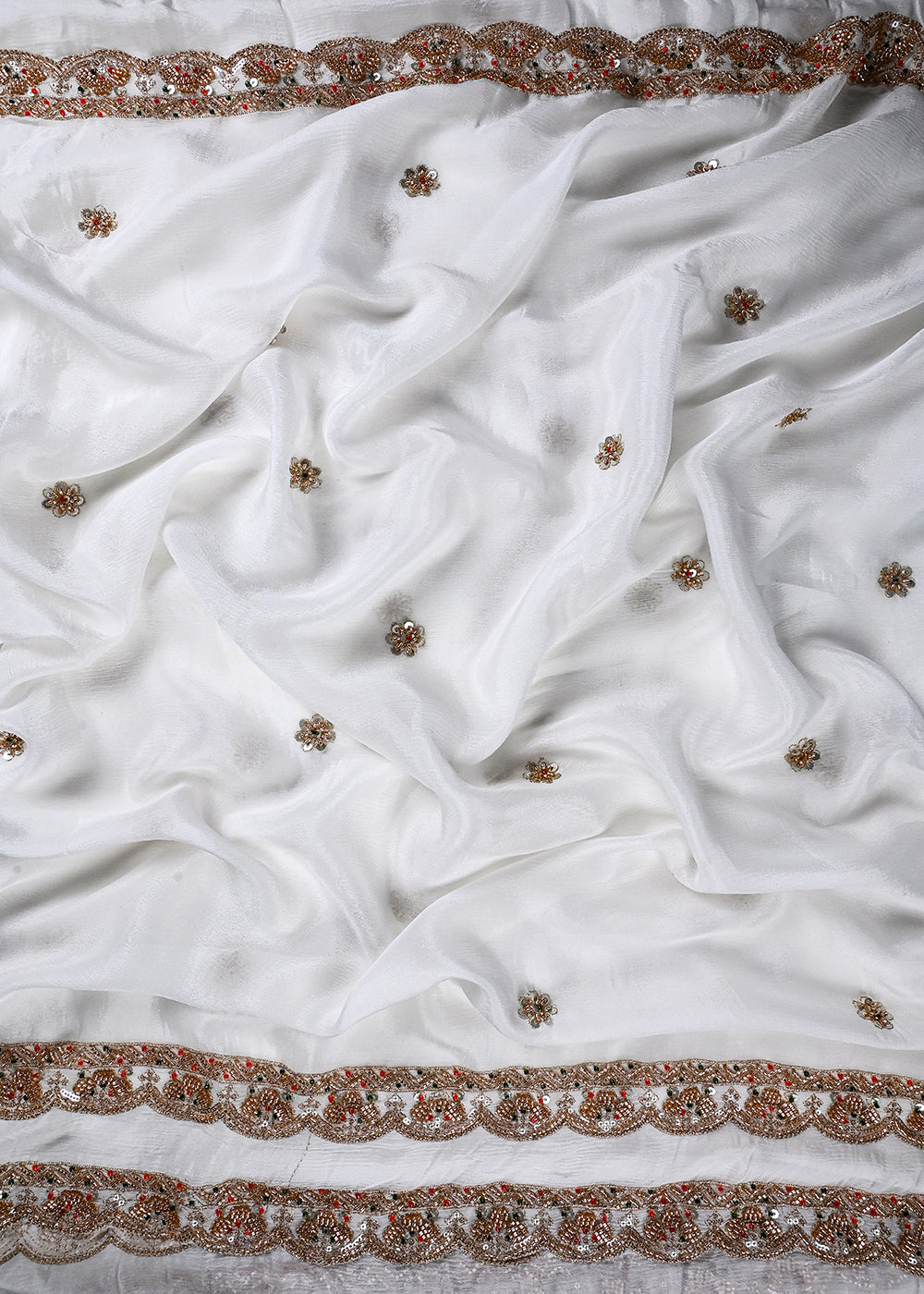 White Dyeable Chinon Chiffon Dupatta Fabric With All Over Sequins And Katdana Work With Both Side Border 27035