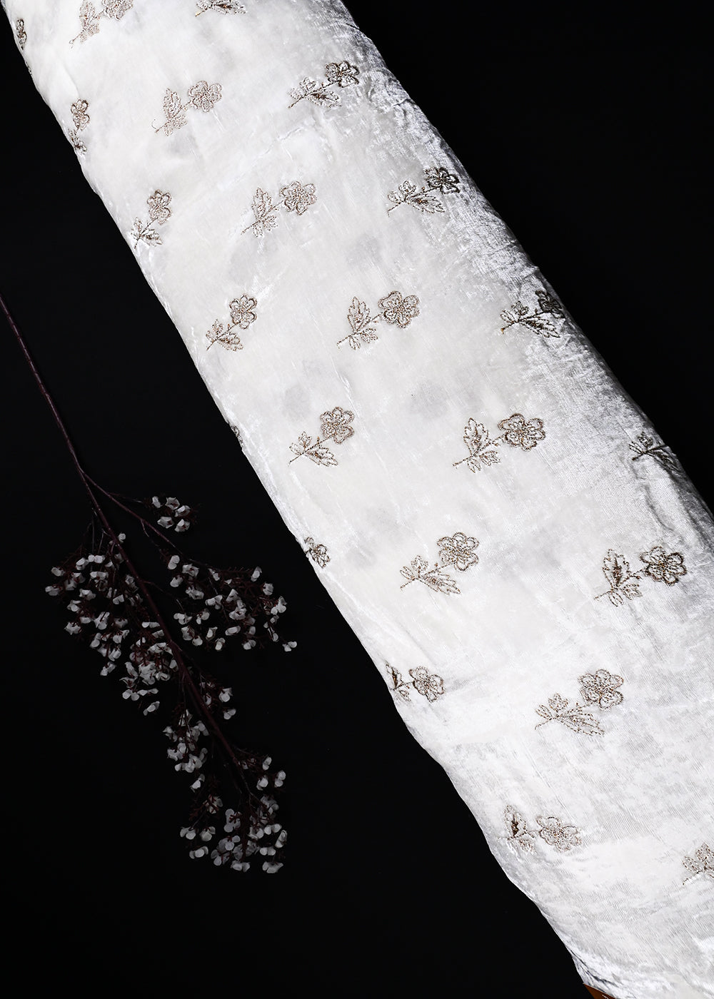 White Dyeable Velvet Fabric With All Over Buti Of Zari And Sequins Work 27066
