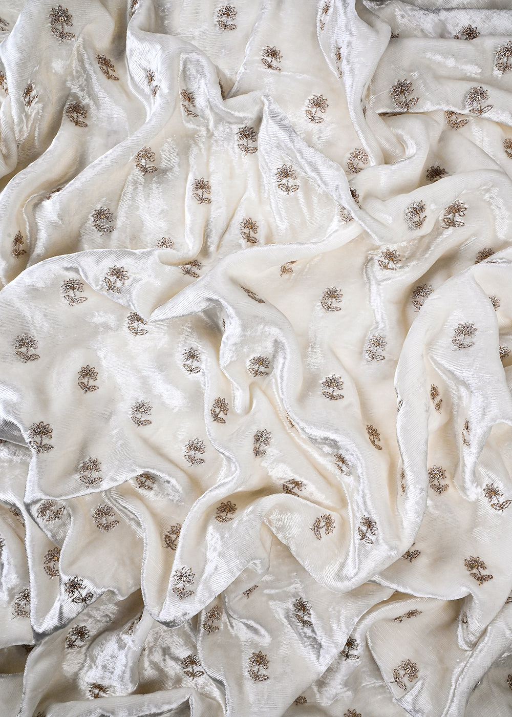 White Dyeable Velvet Fabric With All Over Buti Of Zari And Sequins Work 27068
