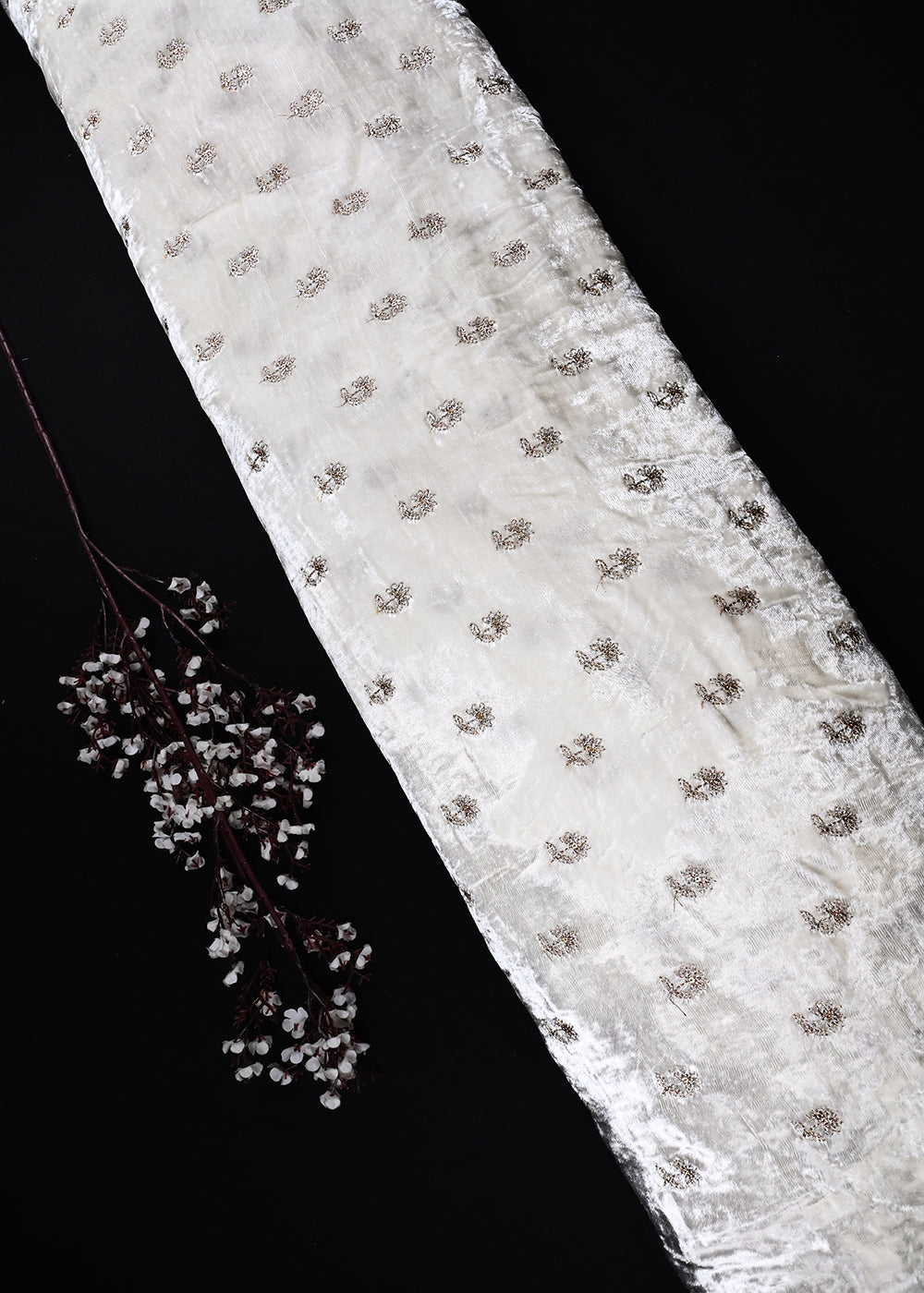 White Dyeable Velvet Fabric With All Over Buti Of Zari And Sequins Work 27068