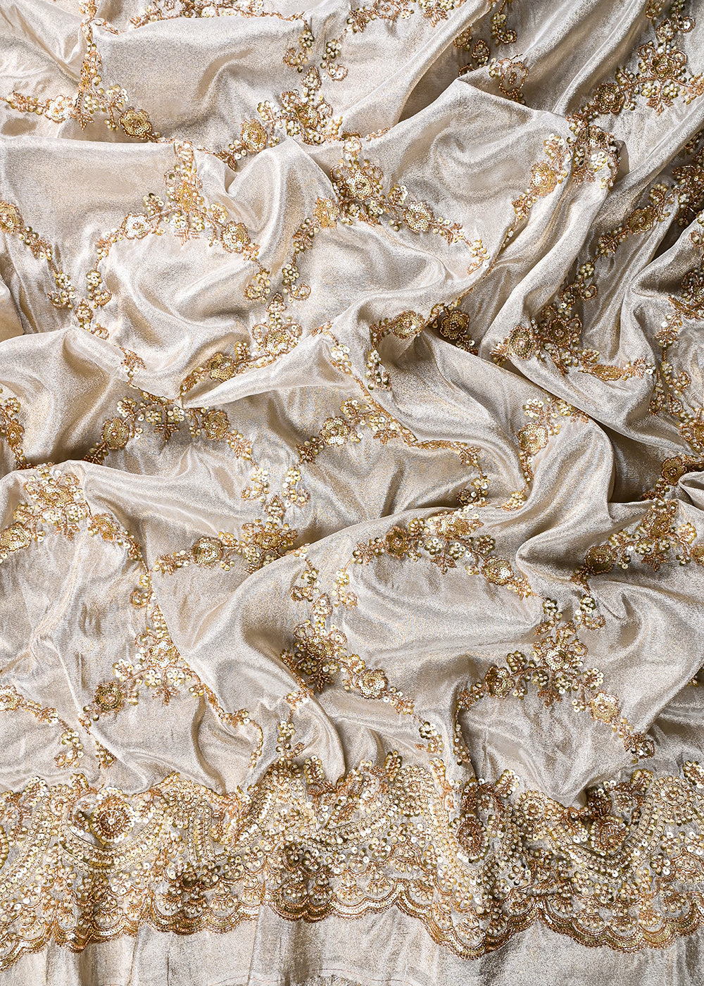 Golden Dyeable Tissue Fabric With All Over Sequins And Katdana Work With One Side Border 27070