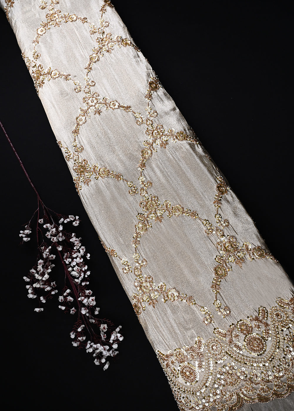 Golden Dyeable Tissue Fabric With All Over Sequins And Katdana Work With One Side Border 27070