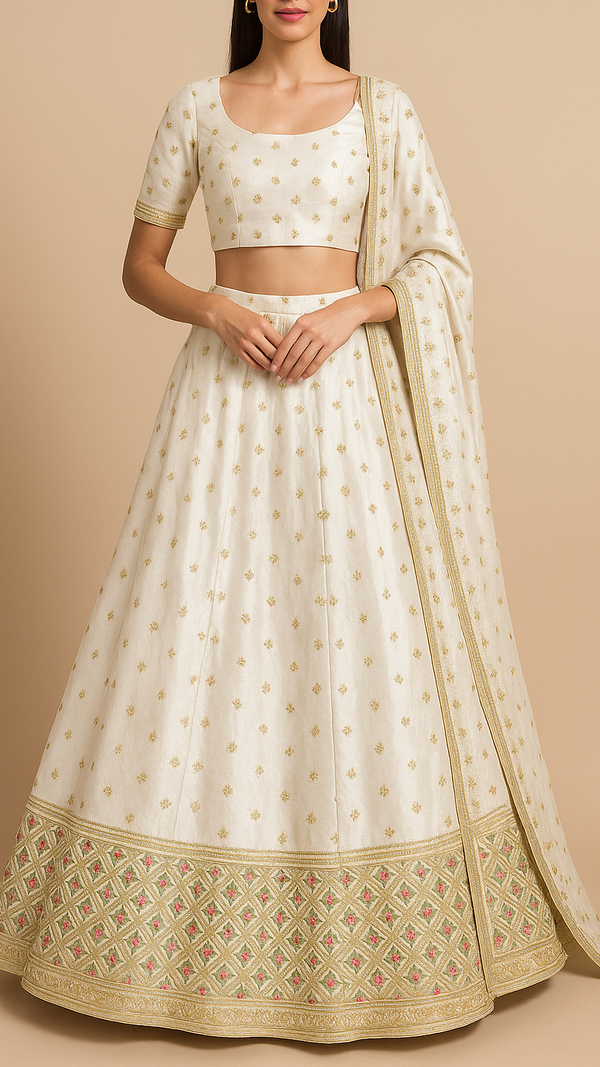 White Silk Fabric With All Over Zari Buti With One Side Zari, Thread and Sequins Work Border 16003