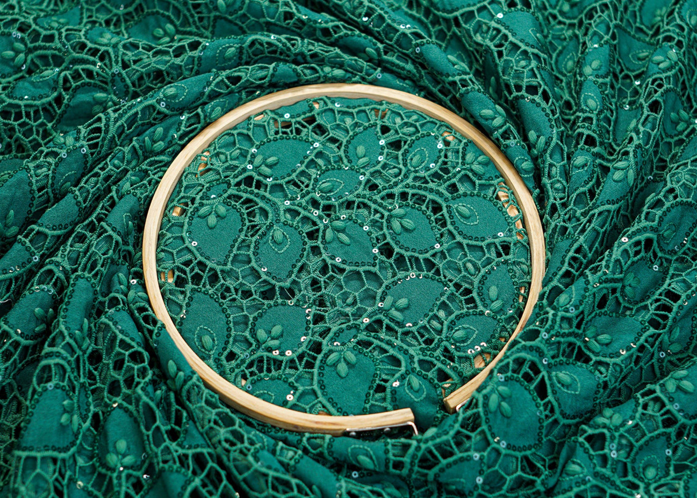 Bottle Green Imported Crepe with Cutwork, Threadwork, Sequins And Scallop Border