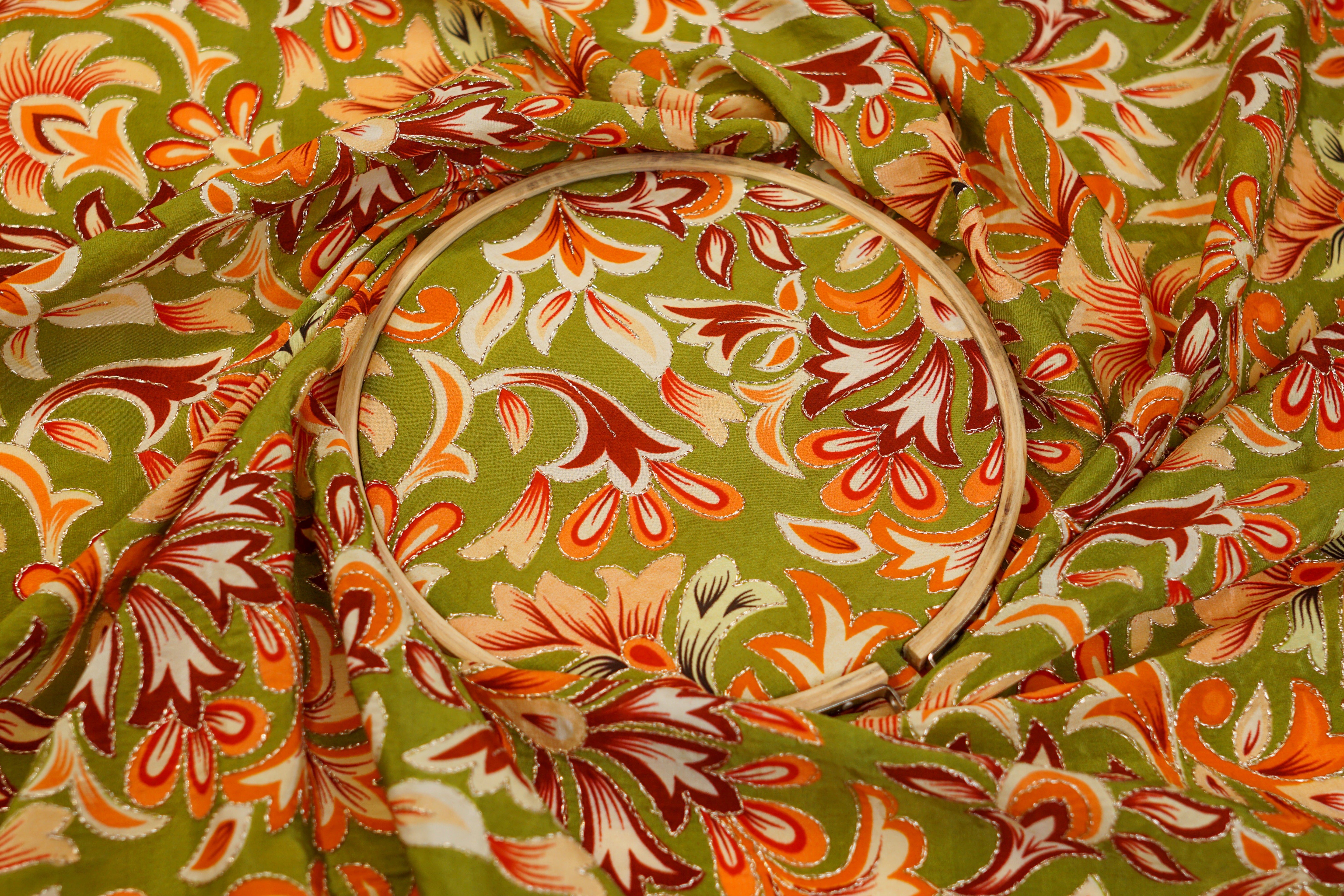 Golden Zari Floral Embroidered Soft Green Crepe Fabric