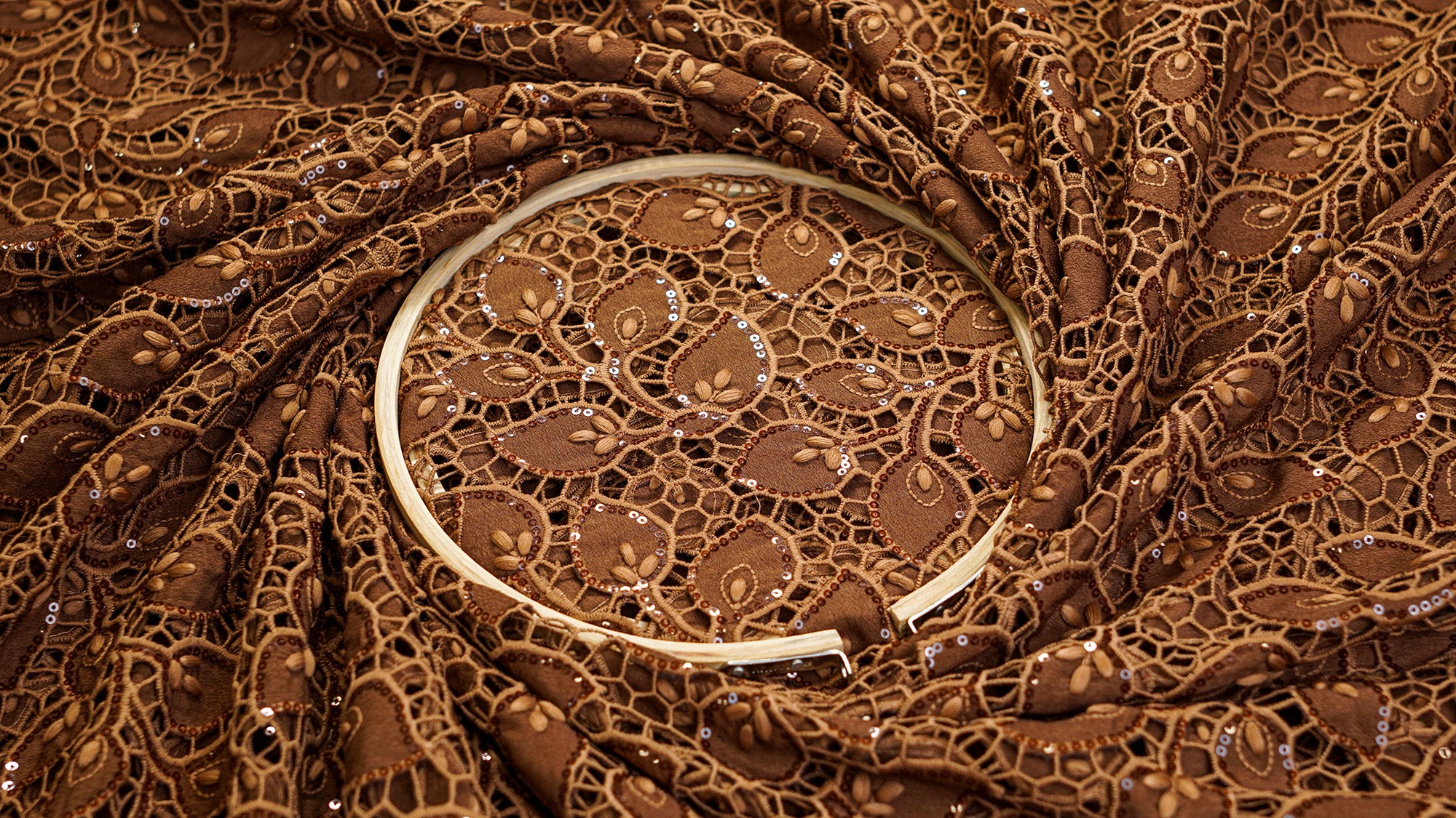 Coffee Brown Embroidered Crepe with Cutwork, Threadwork, Sequins, and Scallop Border