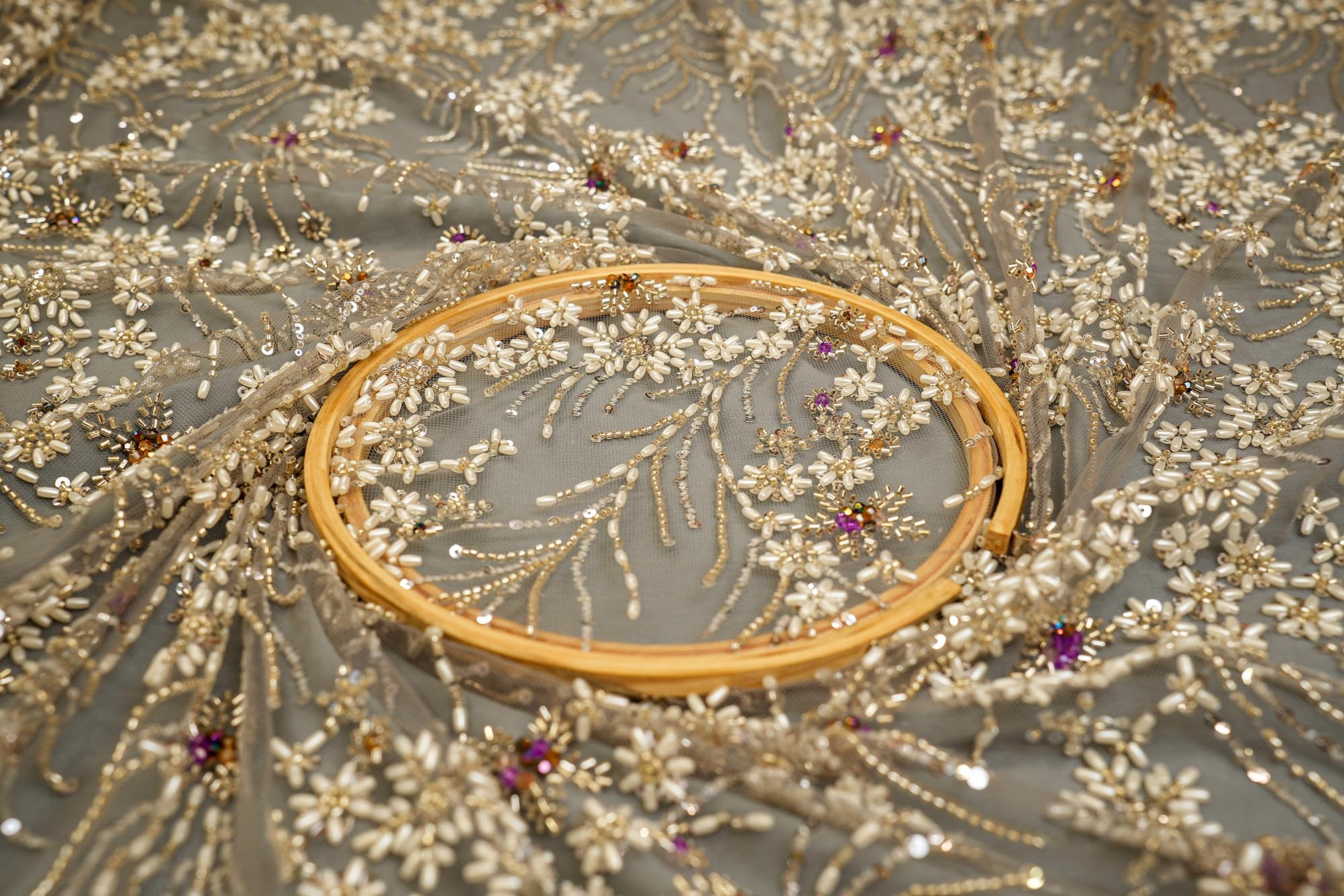 Grey Floral Handwork Net with Rainbow Sequins, Pearls, and Scallop Border