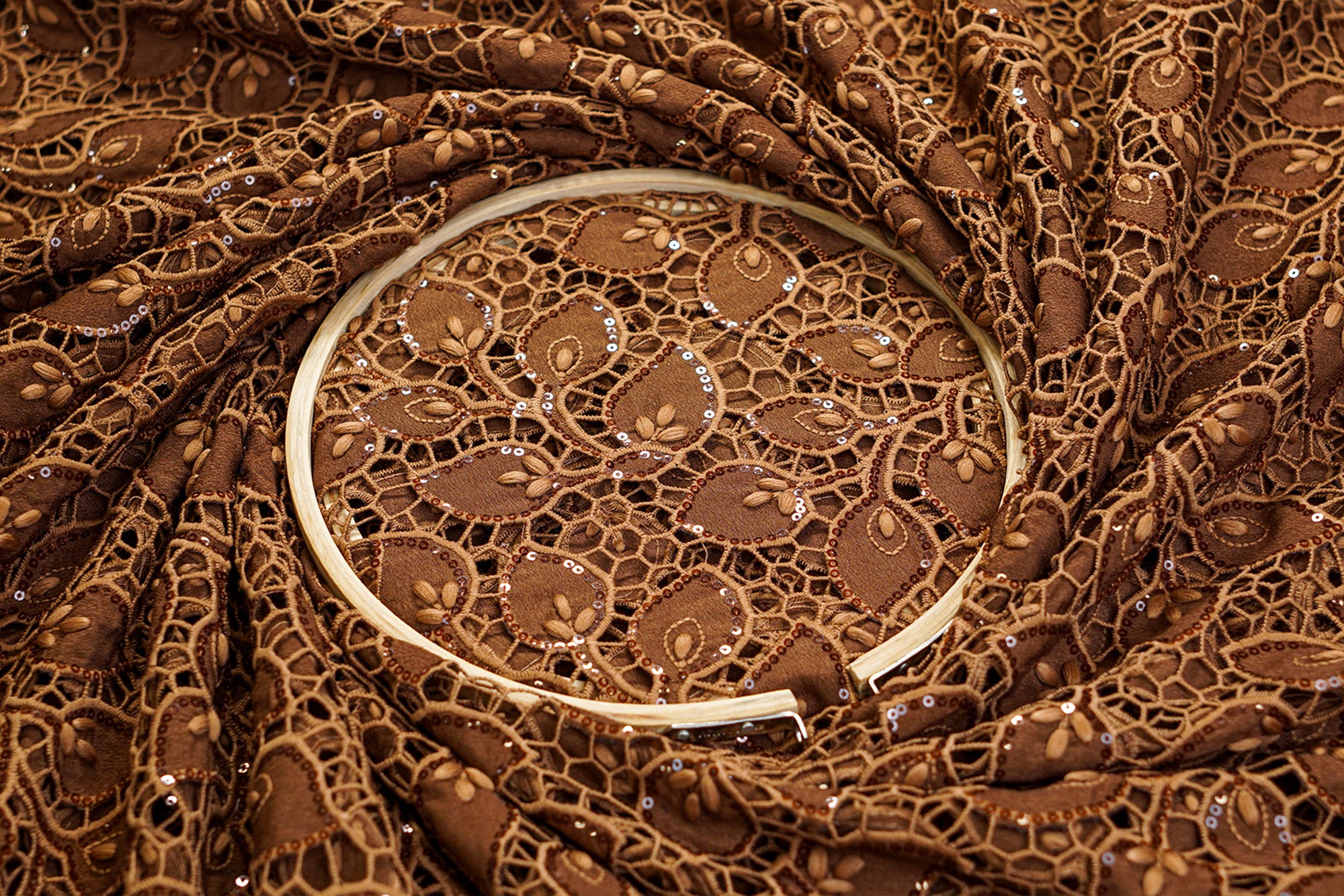 Coffee Brown Embroidered Crepe with Cutwork, Threadwork, Sequins, and Scallop Border