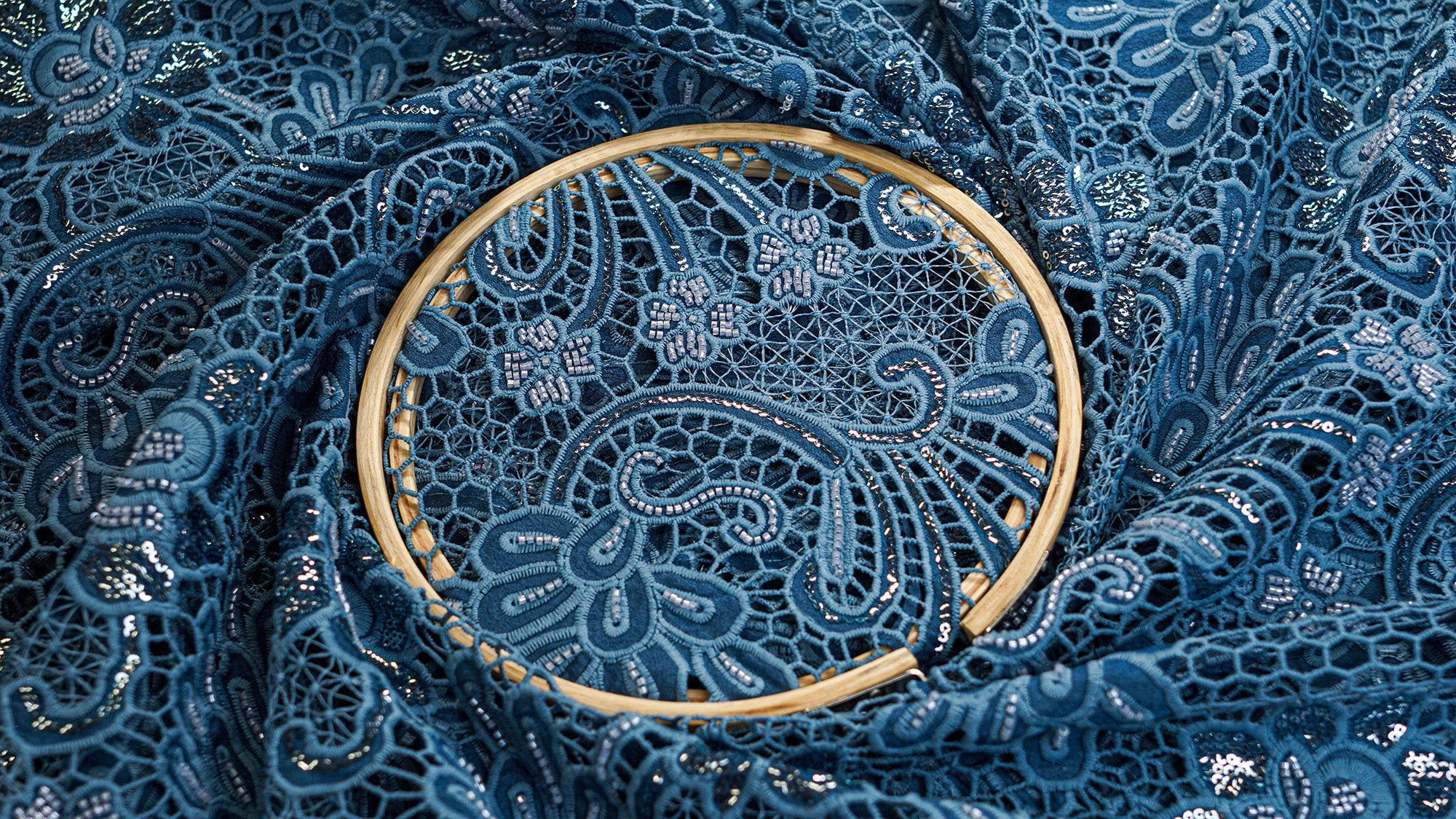 Greyish Blue Embroidered Crepe with Handwork , Threadwork, Sequins, and Scallop Border