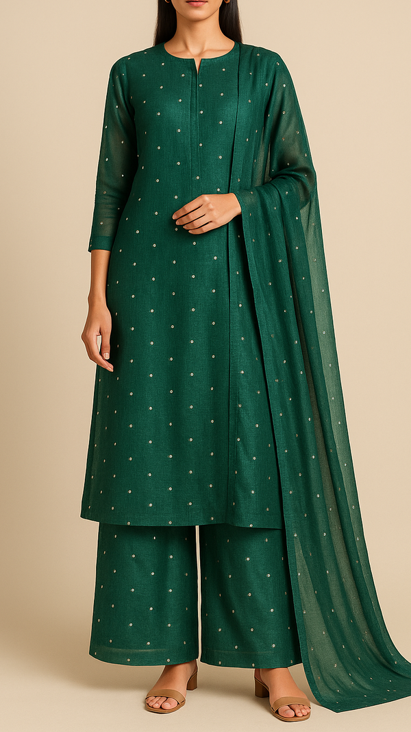 Green Chanderi Fabric With All Over Zari And Faux Mirror Work 19280