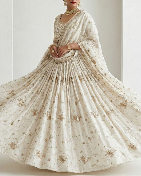 White Dyeable Crepe Fabric With Peacock Motif Of Zari, Katdana And Sequins Work 21071