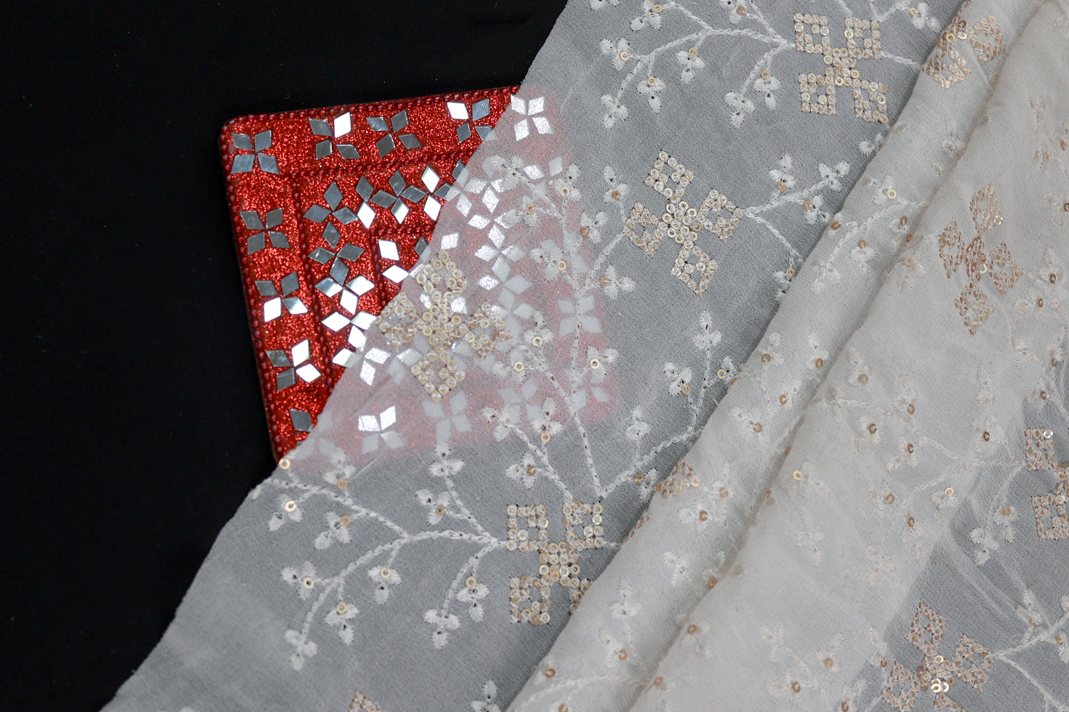 Floral Pattern Thread & Golden Matt Sequins Work Embroidered Georgette Fabric