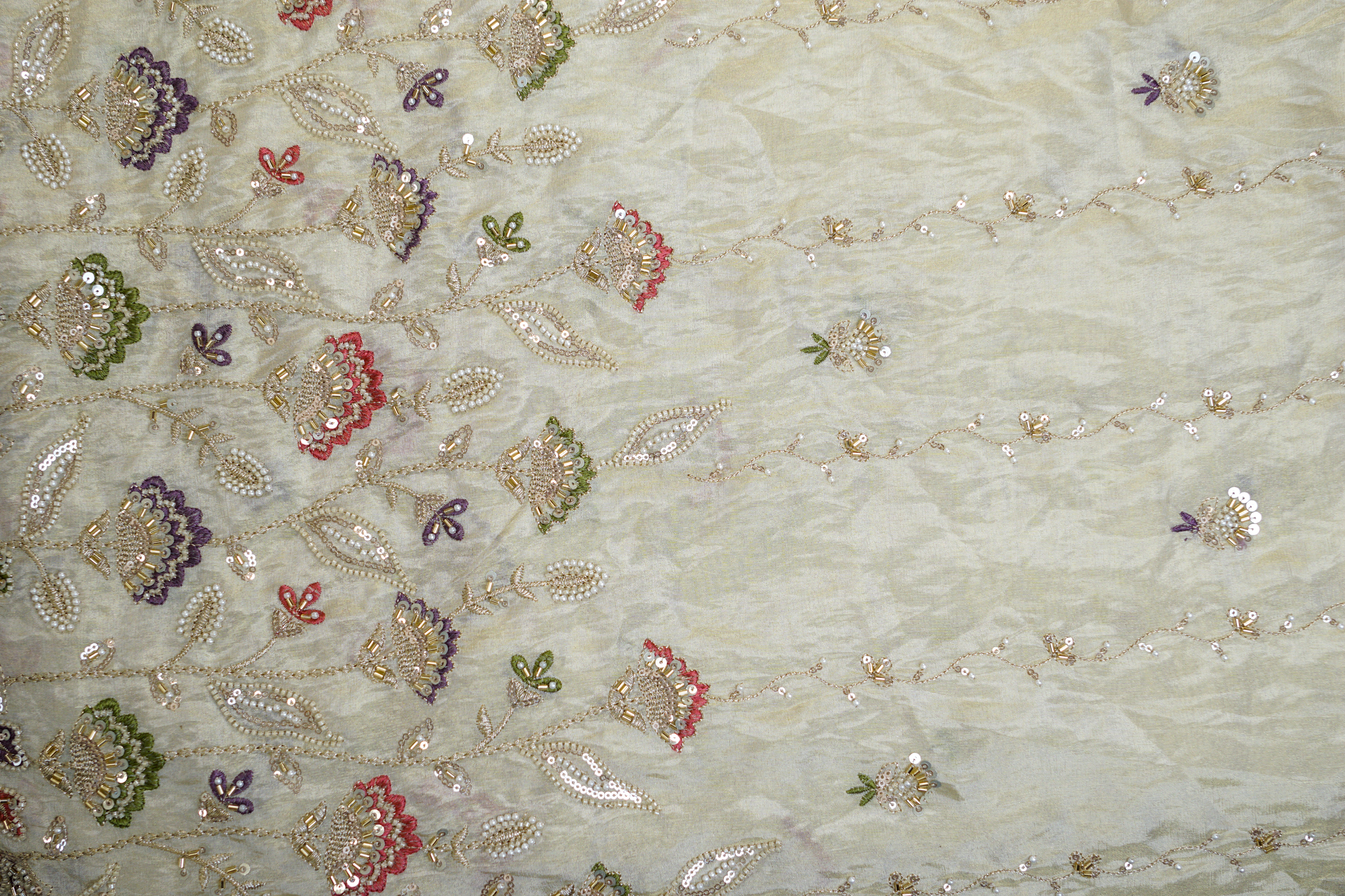 Golden Tissue Fabric With Multicolor Threadwork, Sequins ,Beads, Katdana And Zari Elegance