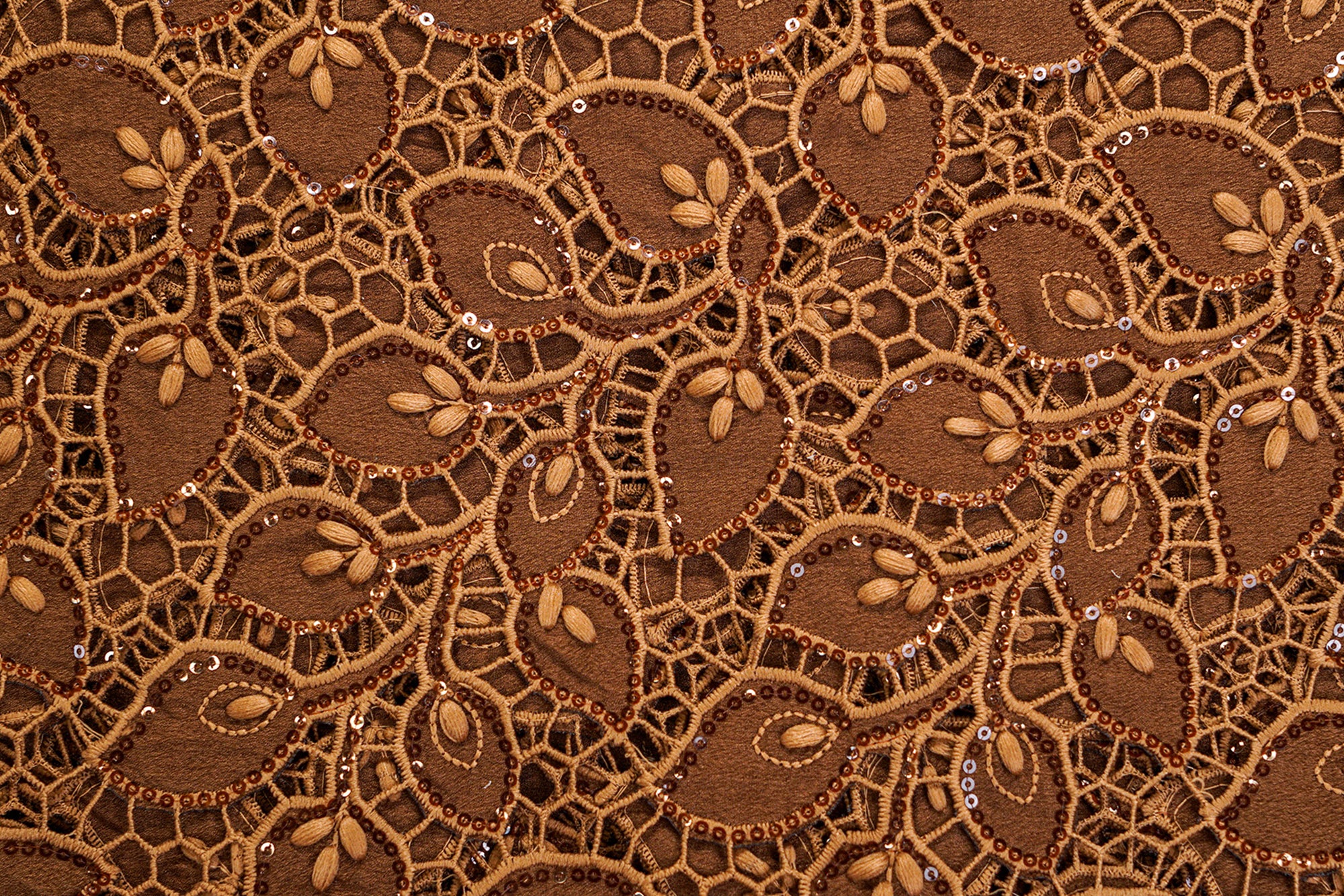 Coffee Brown Embroidered Crepe with Cutwork, Threadwork, Sequins, and Scallop Border