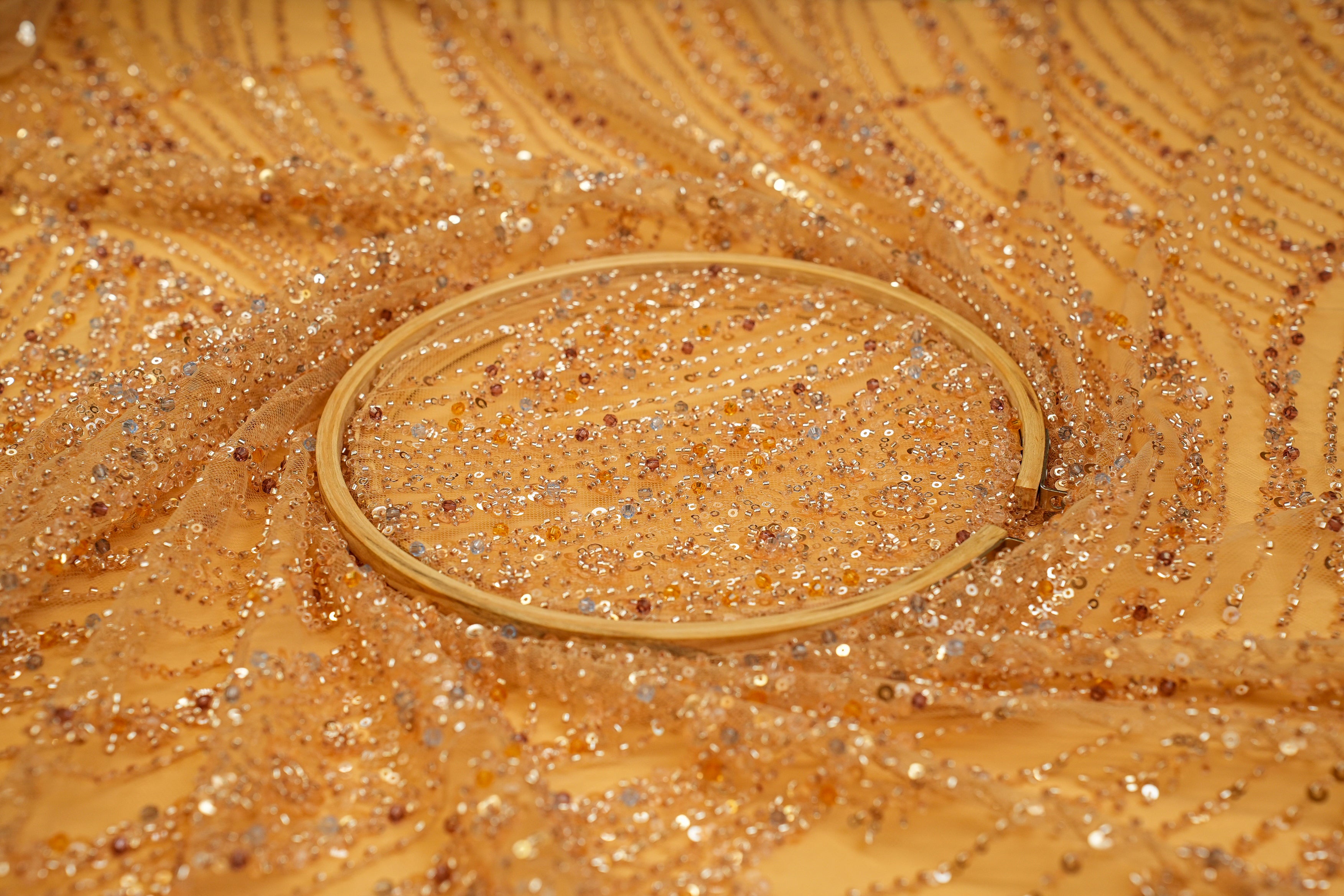 Golden Peach Handwork Net with Gold Sequins, Pearls, and Cut-Dana