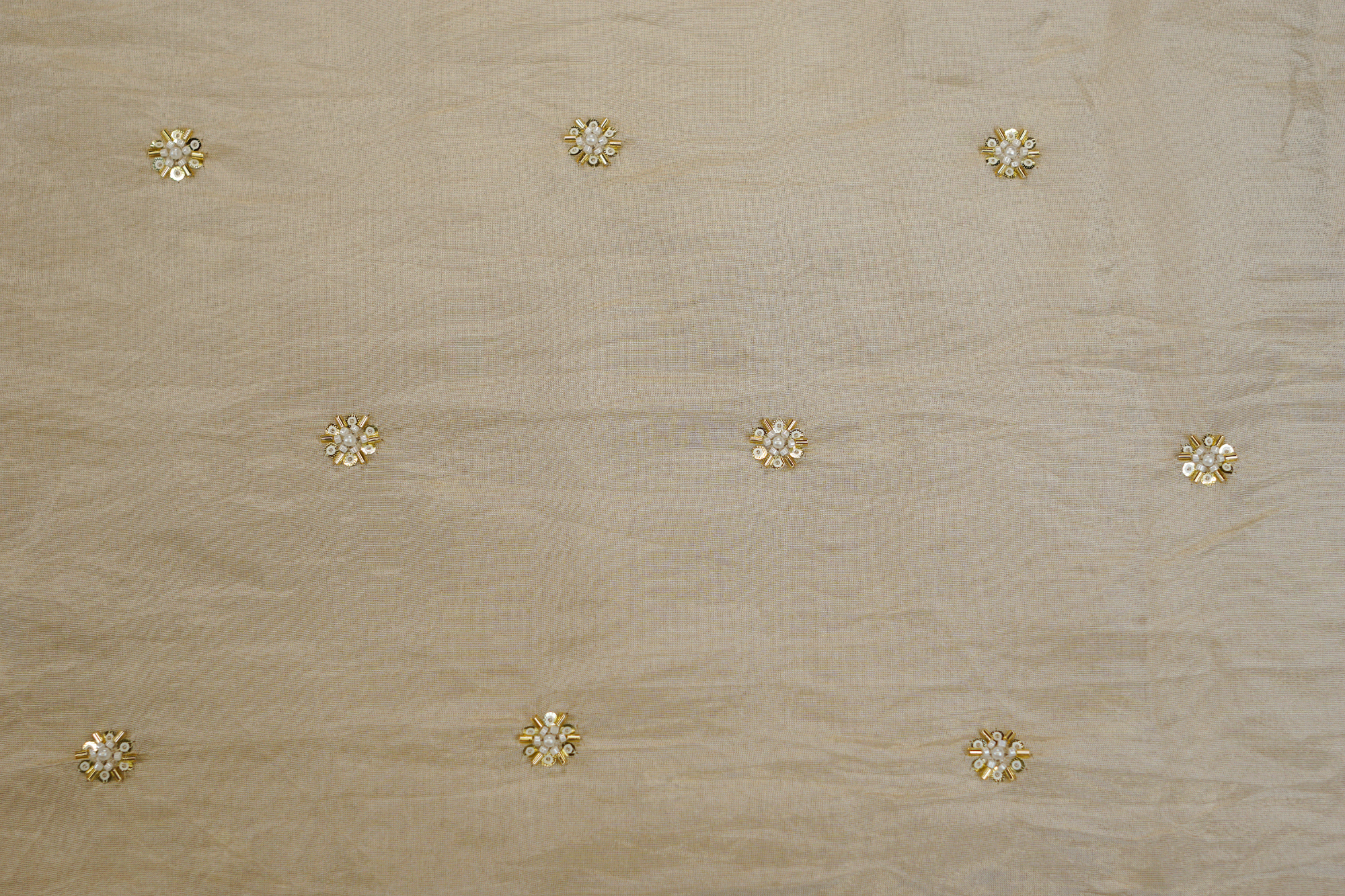 Beige Tissue Fabric with Big Butti Of Rose Gold Sequins, Katdana, White Beads