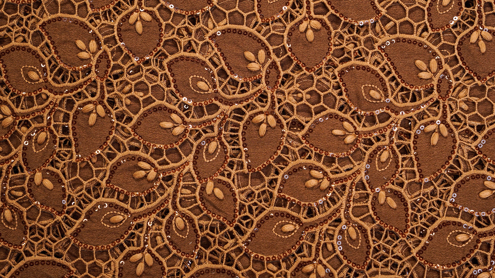 Coffee Brown Embroidered Crepe with Cutwork, Threadwork, Sequins, and Scallop Border