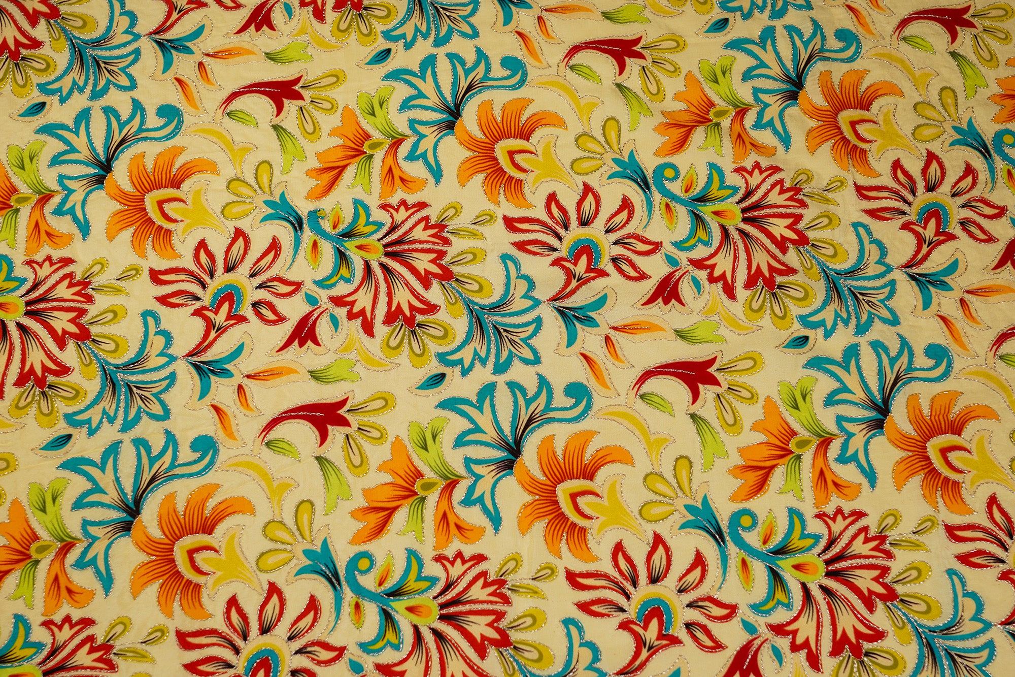 Golden Zari Floral Embroidered Soft Light Yellow Crepe Fabric